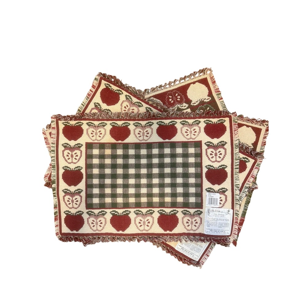 VTG Park B. Smith Apple Jacks Spice Placemats Set of 4 Cotton Gingham Fringe NWT